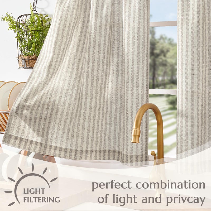 jinchan Striped Linen Kitchen Curtains 36 Inches Tier Curtains Farmhouse Modern Cafe Style Small Window Treatments Airy Light Filtering Rod Pocket for Living Room Bathroom 2 Panels Taupe Grey - Image 5
